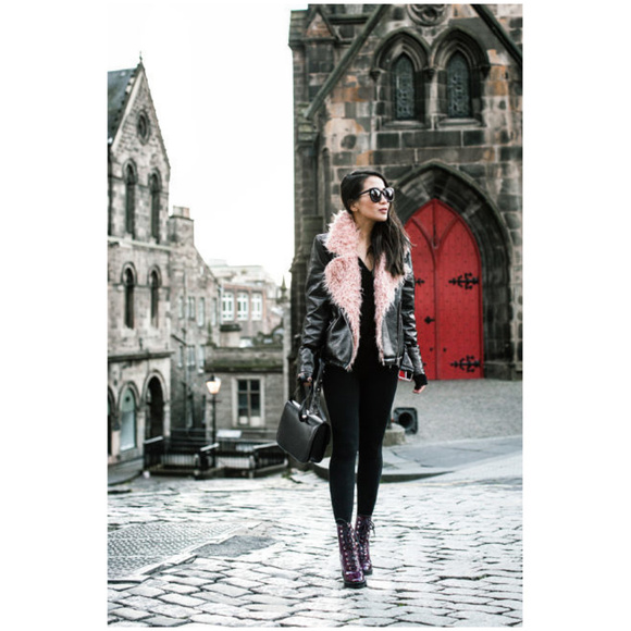 Designer ROCK CHIC Moto Jacket Pink Faux Fur Black Leather - Picture 4 of 9